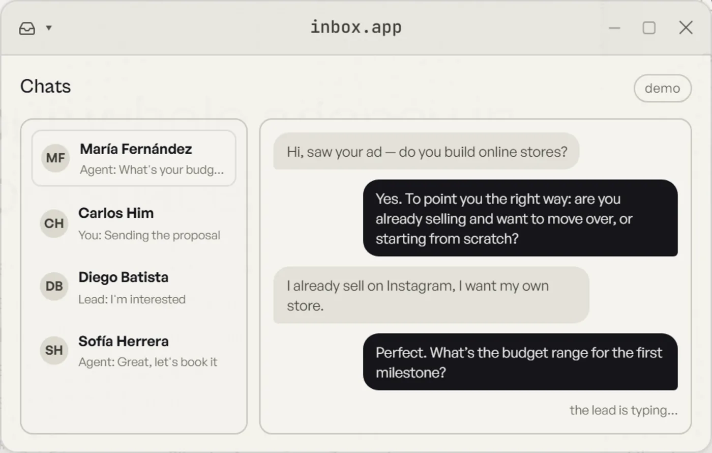 niiko panel — the conversations inbox, with demo data