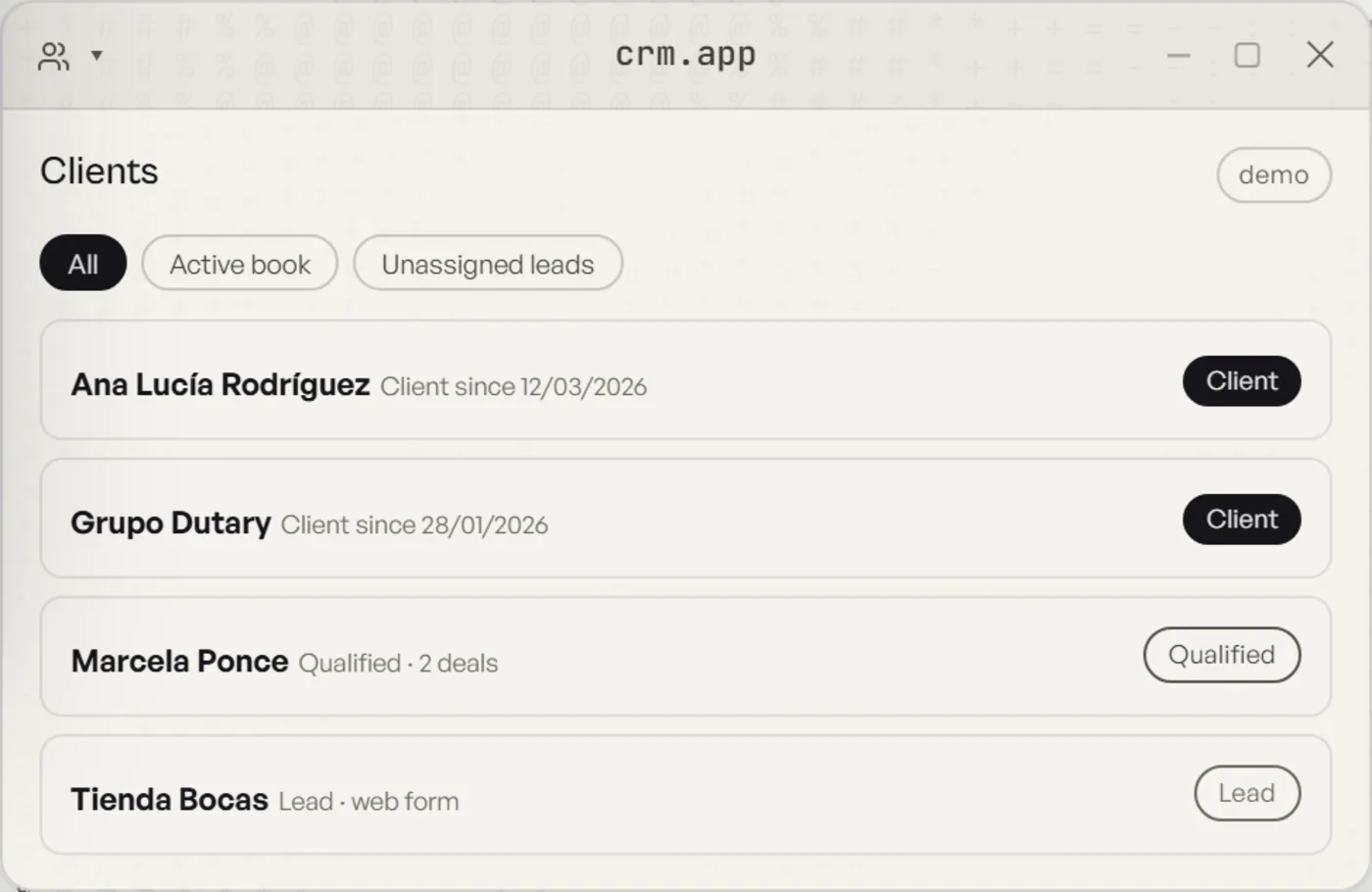 niiko panel — the CRM client list, with demo data
