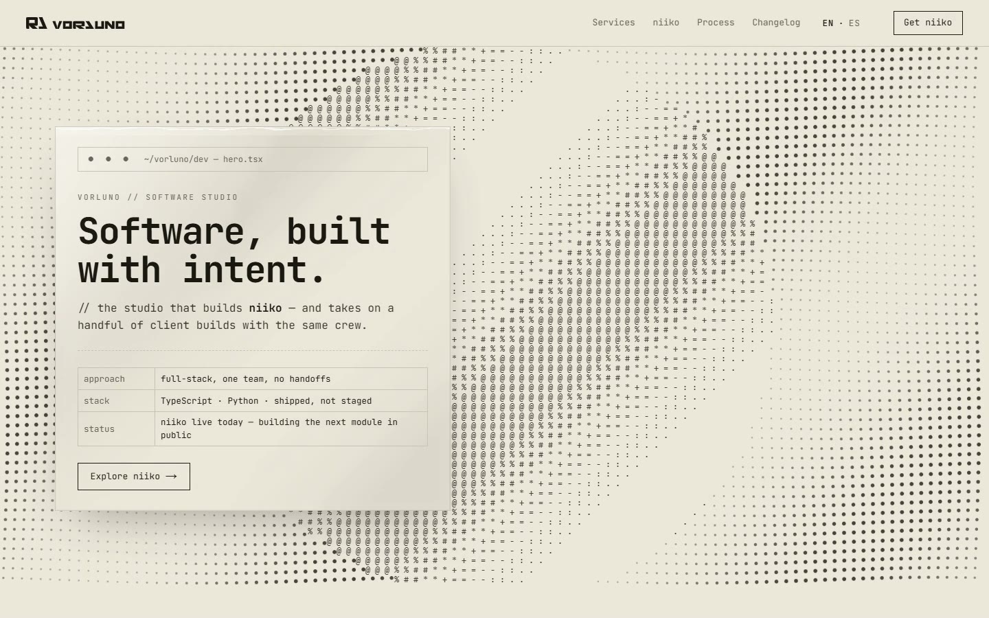 vorluno.dev — first screen